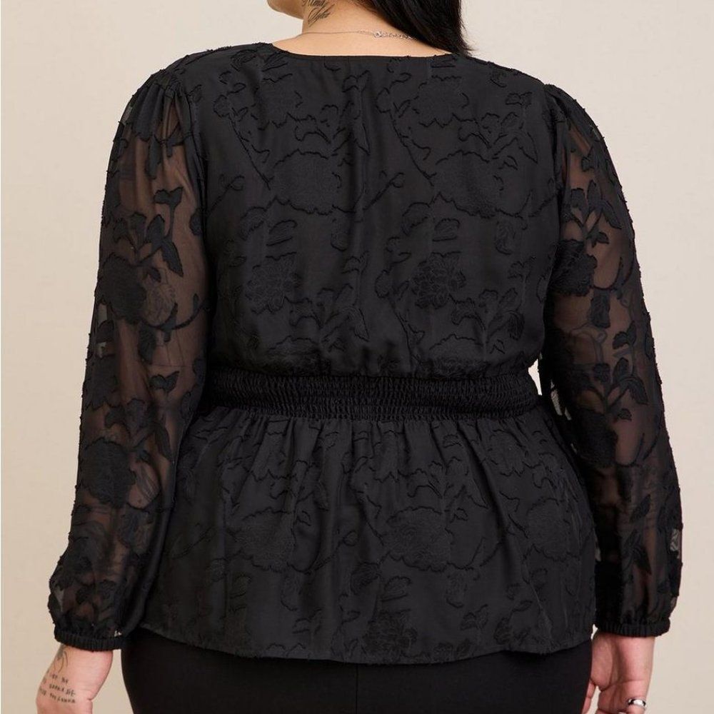 New Peplum Chiffon Clip Floral Blouson Sleeve Top - Picture 3 of 15